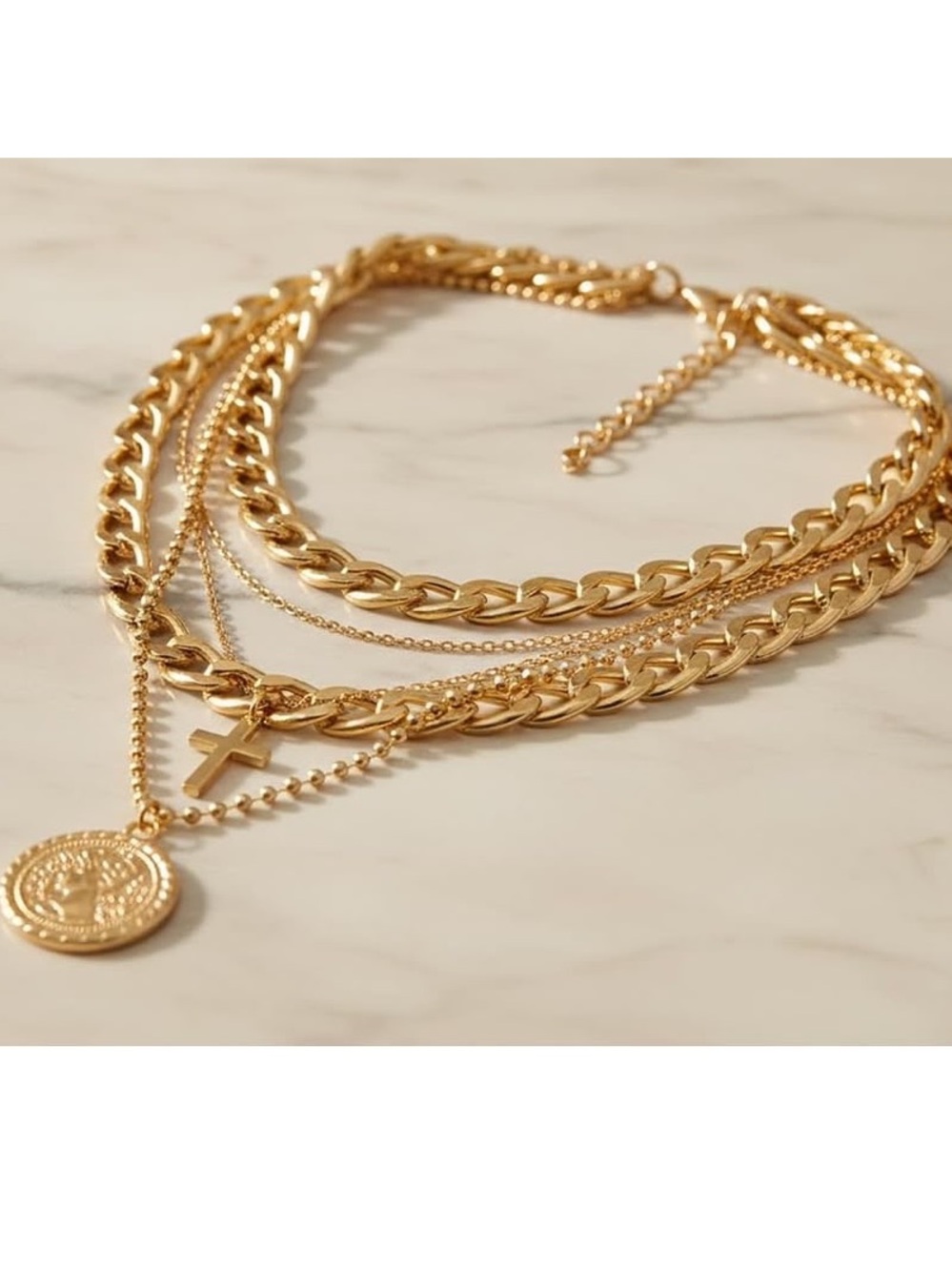 Anthropologie Gold-Tone Layered Necklace Set with Cross & Coin - Picture 2 of 4